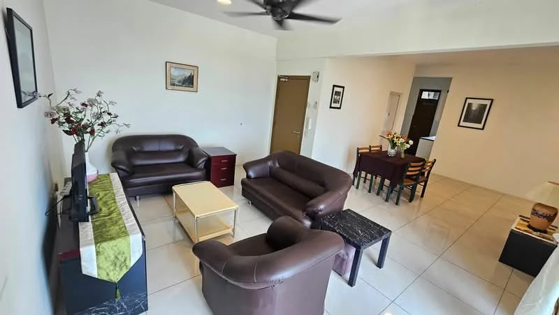 Living features: 2-seater leather sofa in brown, 3-seater leather sofa in brown, coffee table with marble top, TV console, wall-mounted TV, decorative vase with flowers, framed artwork on wall, ceiling fan, tile flooring, white painted walls, natural light from windows; style: modern. Dining features: 4-seater dining table, upholstered dining chairs, decorative vase with flowers, white painted walls, tile flooring; style: modern.