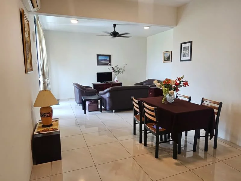 Living features: cream painted walls, glossy tile flooring, 5-blade ceiling fan, sofa set in brown leather, coffee table, TV console, wall-mounted TV, decorative wall art, floor-to-ceiling windows with sheer curtains, area rug, dining table with 4 chairs, table lamp; style: modern.