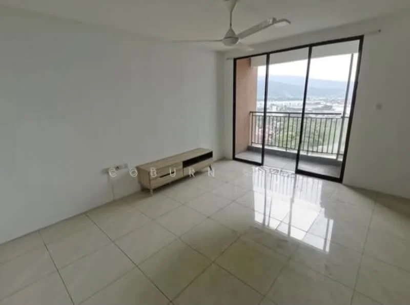 Living features: white painted walls, glossy ceramic tile flooring, floor-to-ceiling sliding glass door, balcony access, ceiling fan, built-in wooden TV console, mountain view, natural light from large windows; style: modern; view: mountain.