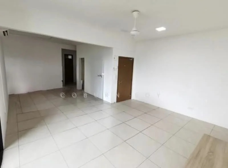 Room features: white painted walls, tile flooring, ceiling fan, single door, light fixture, open layout, large windows, neutral color scheme; style: modern.
