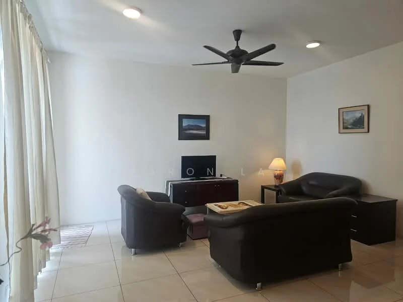 Living features: cream painted walls, white ceiling, 5-blade ceiling fan with light, recessed downlights, floor-to-ceiling windows with sheer curtains, light-colored tiled flooring, 2-seater leather sofa in dark brown, 3-seater leather sofa in dark brown, wooden coffee table, TV console, wall-mounted TV, decorative lamp, framed artwork on wall; style: modern.