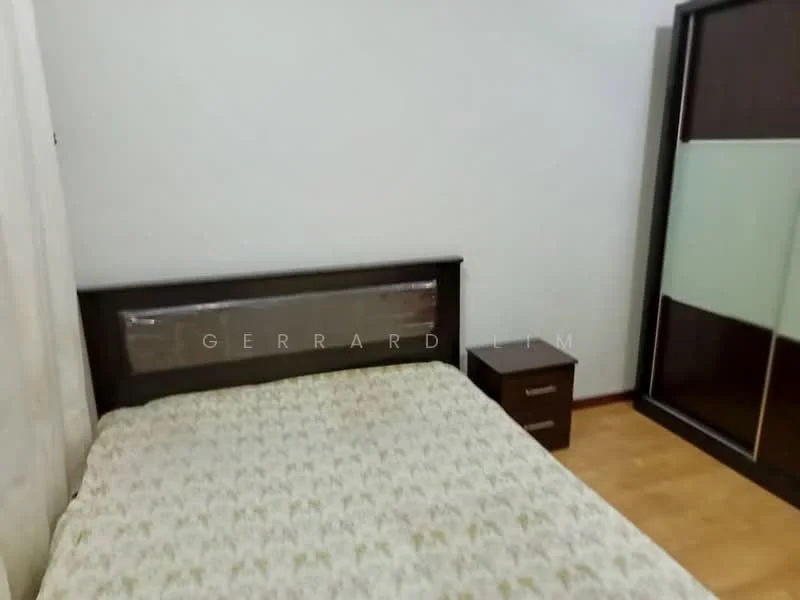 Bedroom features: queen-size bed with patterned bedding, dark wood bed frame, nightstand with two drawers, laminate flooring, white painted walls, built-in wardrobe with sliding doors, curtains, light fixture on ceiling; style: modern.