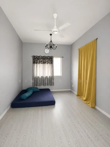 Bedroom features: grey painted walls, light wood flooring, ceiling fan, chandelier, window with sheer curtains, yellow curtain, clock on wall, mattress on floor, decorative pillows; style: modern.