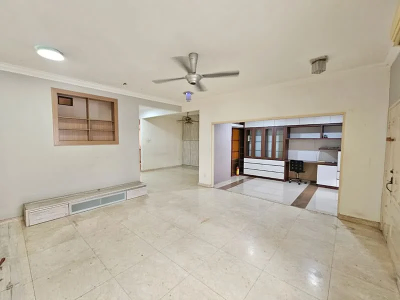 Living features: marble flooring, white painted walls, 5-blade ceiling fan with light, recessed downlights, built-in shelving unit, open layout to adjacent room, large windows, neutral color palette; style: modern. Room features: white cabinetry, desk with chair, open shelving, neutral color palette.
