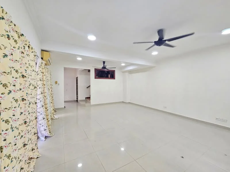Living features: white painted walls, glossy ceramic tile flooring, recessed downlights, 2-blade ceiling fans, large windows with sheer curtains, air conditioning unit, open layout, neutral color scheme; style: modern.