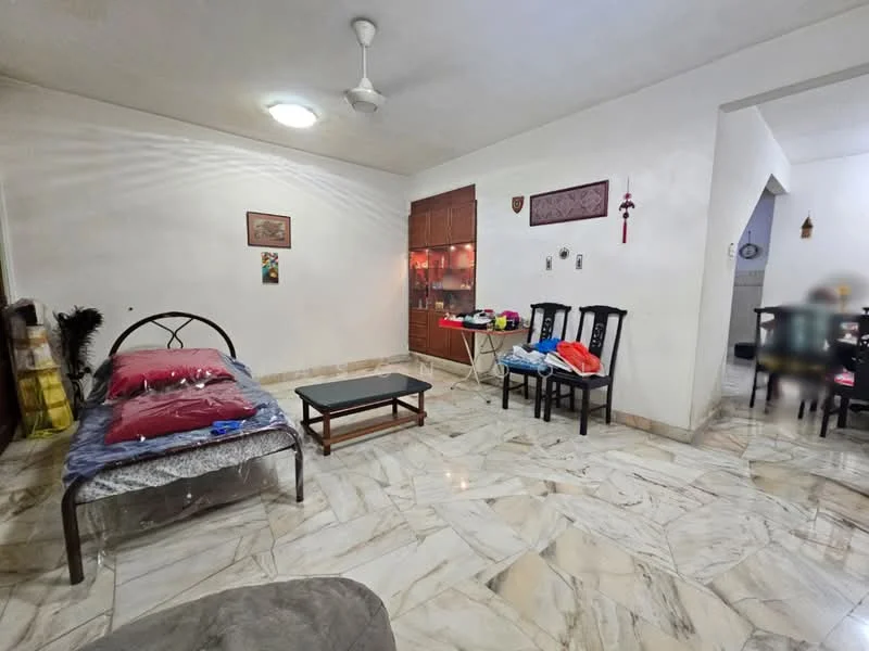 Living features: marble flooring, white painted walls, ceiling fan, 3-seater metal frame bed with mattress, wooden coffee table, wooden dining chairs, decorative wall art, built-in wooden cabinet, open space layout.