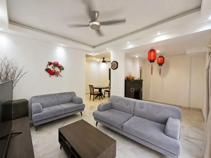 Living features: 2 grey fabric sofas, wooden coffee table, 5-blade ceiling fan with light, recessed downlights, wall-mounted TV, decorative wall art with flowers, red lanterns, marble flooring, neutral painted walls, curtains, open layout to dining area; style: modern.