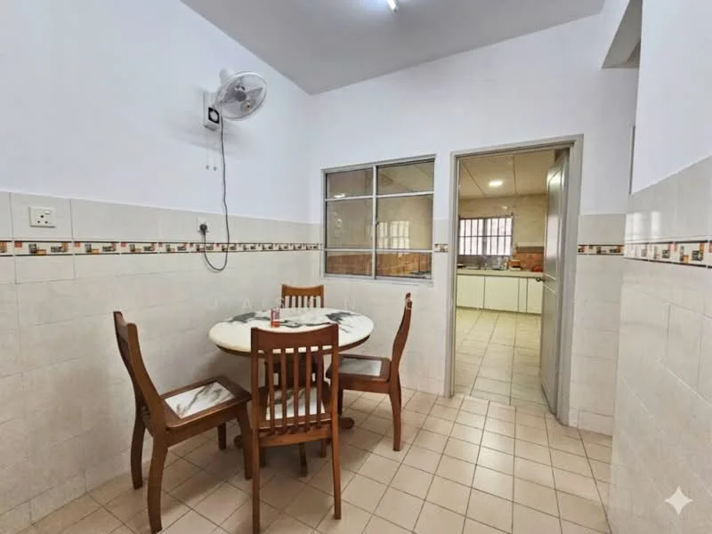 Dining features: round dining table, 4 wooden dining chairs, wall-mounted ceiling fan, cream tiled walls, light beige tiled flooring, decorative tile border, open doorway to kitchen, window with grid pattern. Kitchen features: white cabinetry, countertop with workspace, tile backsplash, visible kitchen appliances, open layout to dining area.
