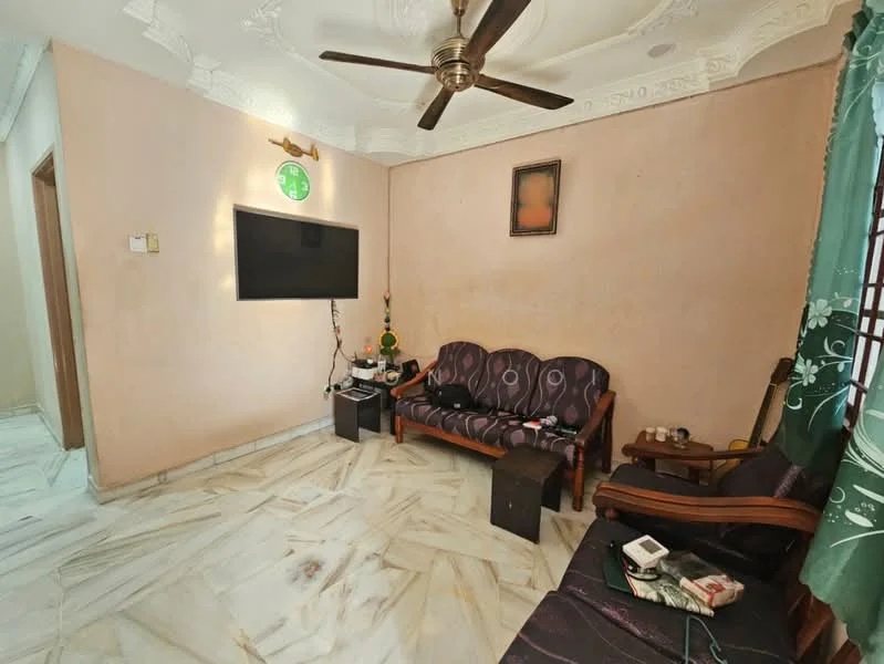 Living features: 3-seater fabric sofa in purple, 2-seater wooden sofa, coffee table, wall-mounted TV, ceiling fan with light, marble flooring, cream painted walls, decorative ceiling with moulding, green curtains with floral pattern, decorative wall art, side table; style: traditional.