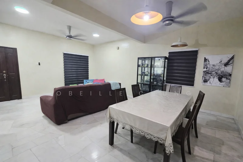 Living features: white painted walls, marble tile flooring, 5-blade ceiling fan with light, 3-blade ceiling fan, sofa in brown fabric, dining table with white tablecloth, 6 dining chairs, glass display cabinet, blackout roller blinds, decorative wall art; style: modern.