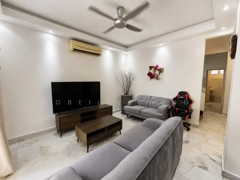 Living features: 5-blade ceiling fan, wall-mounted split AC, flat-screen TV on console, wooden TV console, grey fabric 3-seater sofa, grey fabric 2-seater sofa, decorative wall art with flowers, marble flooring, neutral painted walls, natural light from windows, area rug; style: modern.