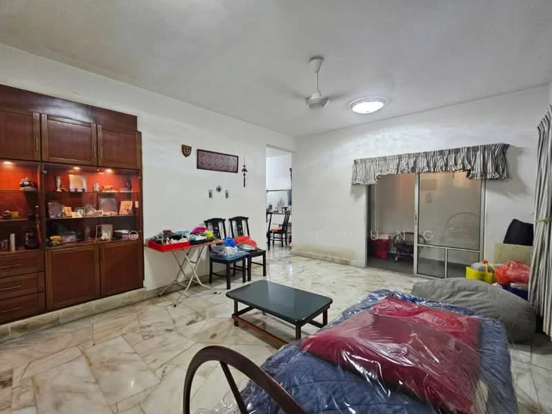 Living features: marble flooring, white painted walls, ceiling fan, recessed downlights, wooden cabinet with glass display, black dining chairs, glass coffee table, sofa with red and grey bedding, sliding glass door, curtains, decorative items on shelves, wall-mounted artwork; style: modern.