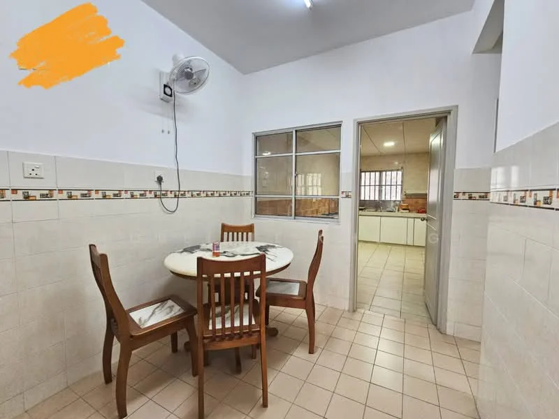 Dining features: round dining table, 4 wooden dining chairs, wall-mounted ceiling fan, white painted walls, cream tiled flooring, decorative tile border, window with grid pattern, doorway leading to kitchen.