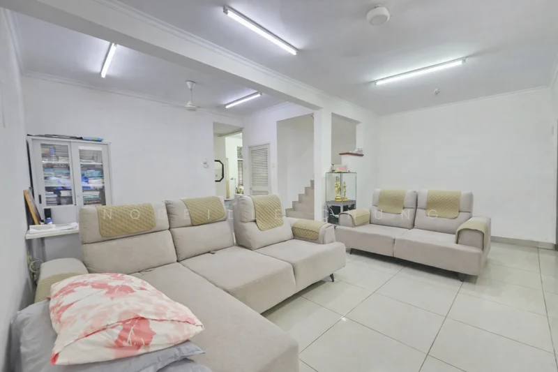 Living features: light grey fabric sectional sofa, beige fabric armchair, white walls, tile flooring, recessed LED downlights, ceiling fan, glass display cabinet, decorative pillows, neutral color throw blanket; style: modern.