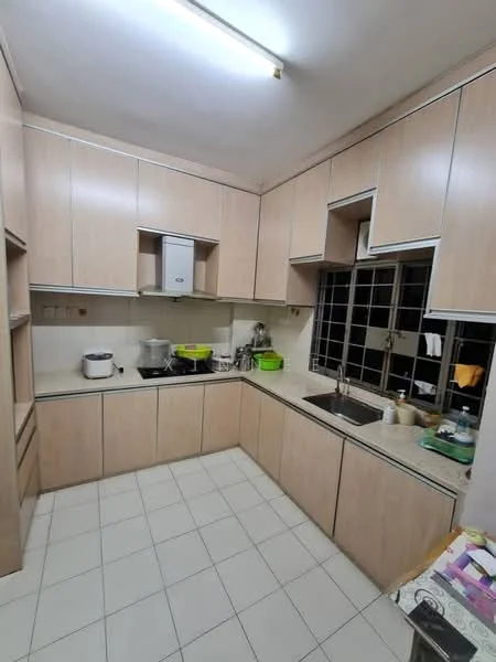 Kitchen features: light wood cabinetry, granite countertop, double-bowl stainless-steel sink, chrome pull-down faucet, built-in oven, 4-burner gas hob, exhaust hood, tile flooring, window with grid pattern, white walls, open shelving, kitchen utensils visible; style: modern.