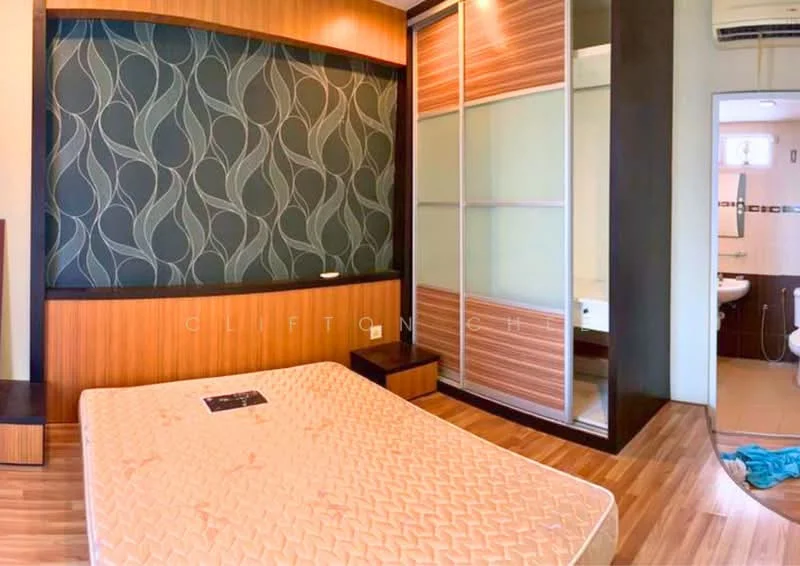 Bedroom features: wooden flooring, feature wall with wave pattern, built-in wardrobe with sliding doors, neutral wall colour, air conditioning unit, window with natural light, unmade bed with mattress, decorative wall paneling; style: modern.