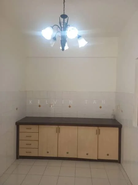Kitchen features: white tiled walls, cream cabinetry with wooden handles, dark countertop, 5-blade ceiling fan with light, ceramic tile flooring, single basin sink, built-in drawers, wall-mounted light fixture; style: modern.