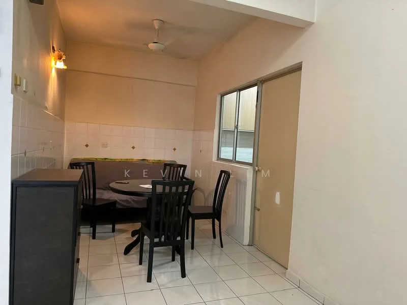 Dining features: white tiled flooring, cream painted walls, ceiling fan, dining table with 4 chairs, window with natural light, door leading to another room, wall-mounted light fixture, corner cabinet.