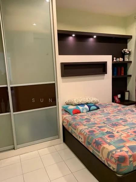 Bedroom features: queen-size bed with patterned bedding, built-in wardrobe with sliding glass doors, shelf unit above the bed, decorative items on shelf, wall-mounted lighting, cream painted walls, white tiled flooring; style: modern.