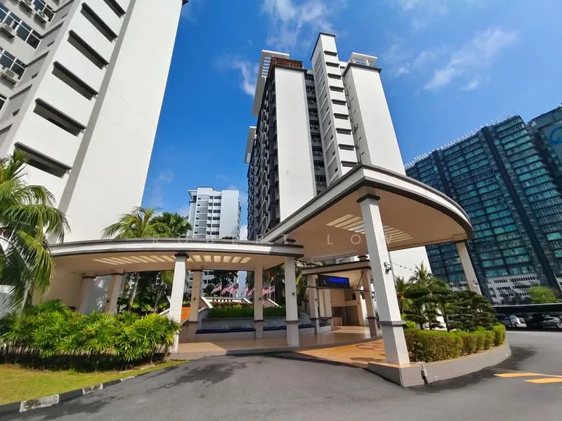 Exterior type: high-rise condominium; features: modern facade with white painted surface, entrance canopy with columns, landscaped garden with palm trees, paved driveway, multiple high-rise buildings in background, clear blue sky, flag poles with flags, signage at entrance; style: modern.