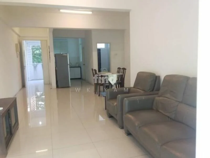 Living features: grey leather sofa, coffee table, wall-mounted TV, white painted walls, glossy tile flooring, recessed ceiling lights, open layout to dining area, large window for natural light; style: modern. Dining features: 6-seater dining table, wooden dining chairs, white painted walls, glossy tile flooring, recessed ceiling lights, open layout to living area, large window for natural light; style: modern. Kitchen features: stainless-steel fridge, white cabinetry, glossy tile flooring, open layout to dining area, large window for natural light; style: modern.