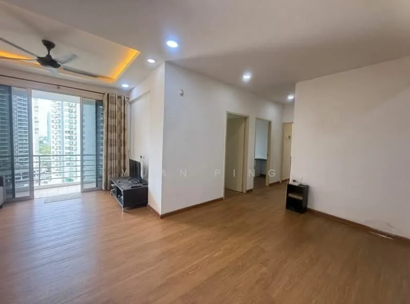Living features: laminate flooring, 5-blade ceiling fan with light, floor-to-ceiling windows, sliding glass door, curtains, TV console, wall-mounted TV, decorative wall lighting, neutral painted walls, recessed ceiling lights; style: modern; view: city. Room features: neutral painted walls, laminate flooring, doorway to adjacent rooms.