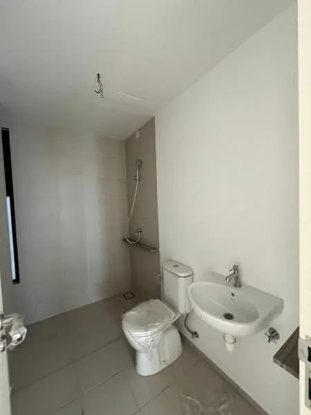 Bathroom features: white painted walls, light grey tile flooring, one-piece toilet, wall-mounted shower with handheld showerhead, chrome basin mixer faucet, small wall-mounted sink, shower area with tiled wall, no visible storage, minimalist design; style: modern.