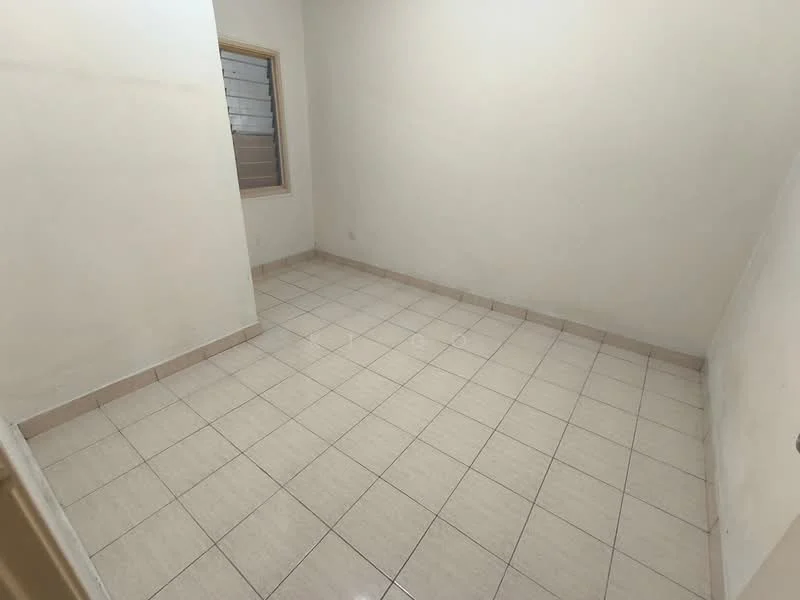 Room features: white painted walls, tile flooring, single window, neutral color scheme, no visible furniture, empty space.