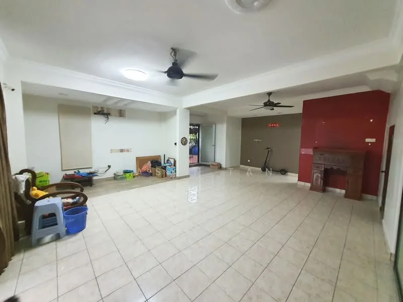 Living features: white painted walls, cream tiled flooring, ceiling fan, recessed ceiling lights, red accent wall, large windows, open layout, decorative wooden cabinet, exercise equipment, plastic storage bins, furniture in the corner; style: modern.