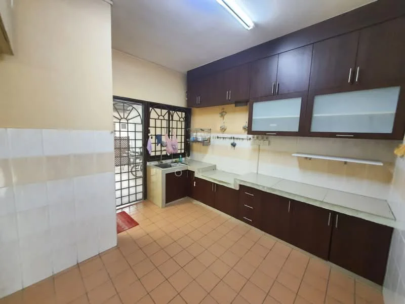 Kitchen features: brown wooden cabinetry, white countertop, single-bowl stainless-steel sink, chrome pull-down faucet, tile backsplash, built-in wall shelves, window with security grille, tile flooring in beige, fluorescent ceiling lights; style: modern.