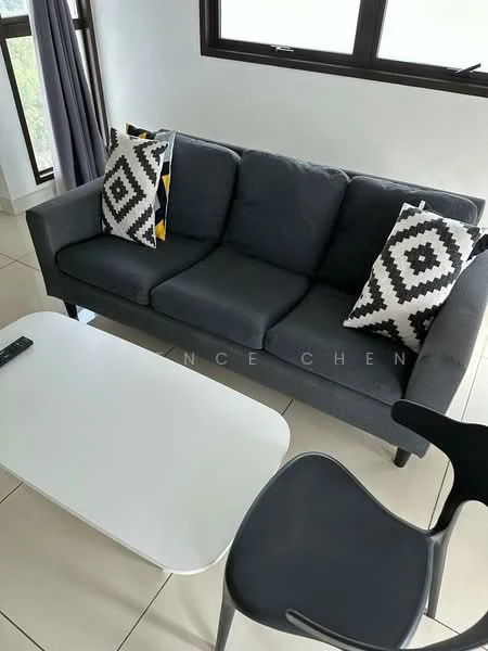 Living features: 3-seater fabric sofa in grey, decorative cushions with geometric pattern, white coffee table, floor-to-ceiling windows, light-colored tiled flooring, curtains in grey, black chair with modern design; style: modern.