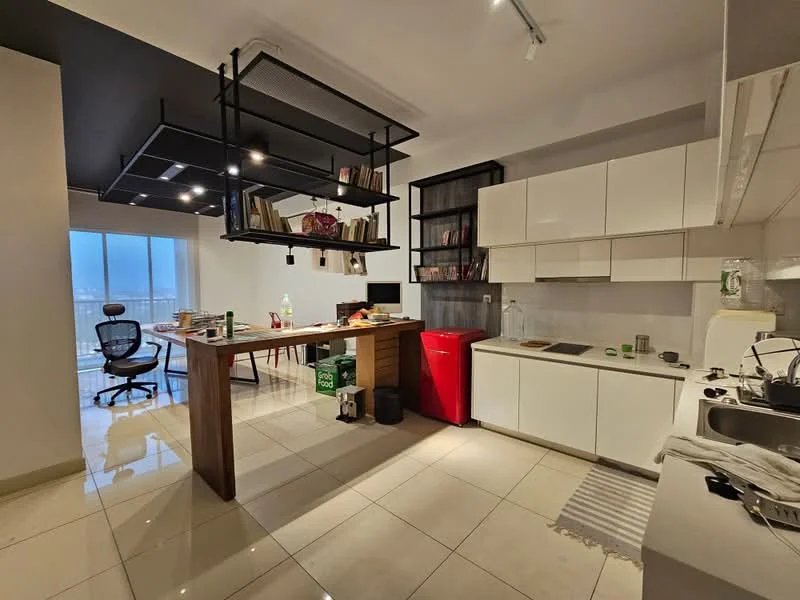 Kitchen features: white glossy cabinetry, black countertop, stainless-steel sink, chrome pull-down faucet, built-in oven, freestanding red fridge, open shelving, tile flooring, recessed downlights, kitchen island with wooden countertop, bar stools, floor-to-ceiling windows, city view; style: modern; view: city.
