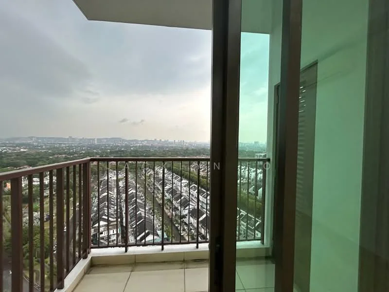 Balcony features: glass sliding door, metal railing, tiled flooring, city view, overlooking residential area; style: modern; view: city.