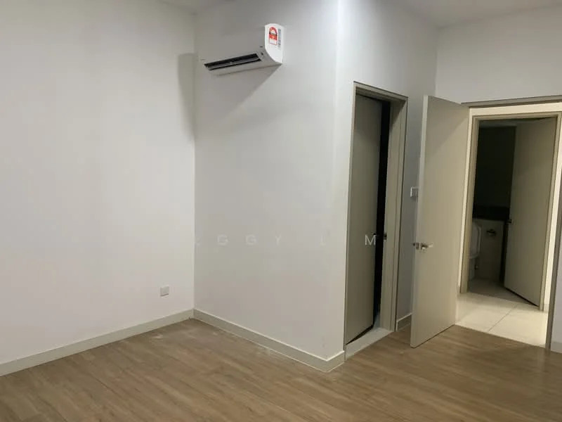 Room features: light wood laminate flooring, white painted walls, 1 wall-mounted split AC, door leading to bathroom, door leading to another room, neutral ceiling, no visible furniture or decor; style: modern.