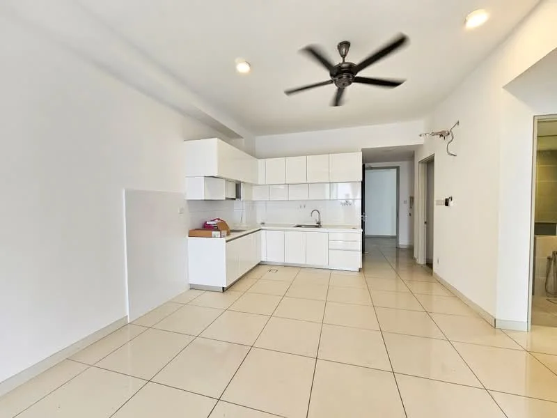 Kitchen features: white cabinetry, marble countertop, single-bowl stainless-steel sink, chrome pull-down faucet, built-in oven, freestanding range oven, ceramic tile flooring, 5-blade ceiling fan, recessed downlights, open layout, white tiled backsplash, wall-mounted cabinets, kitchen island; style: modern. Room features: white painted walls, floor-to-ceiling windows, doorway to hallway, light switches.