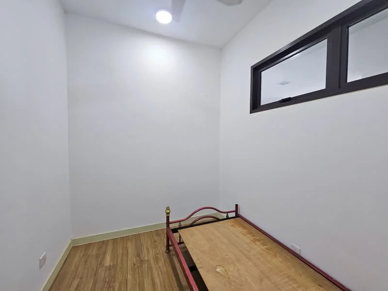 Room features: white painted walls, wooden flooring, ceiling fan, large window, unfurnished bed frame, light-colored skirting, neutral color scheme; style: modern.