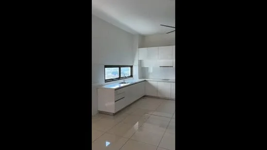 Kitchen features: white cabinetry, single-bowl stainless-steel sink, chrome pull-down faucet, white countertop, ceramic tile flooring, recessed downlights, floor-to-ceiling windows, open layout; style: modern; view: city.