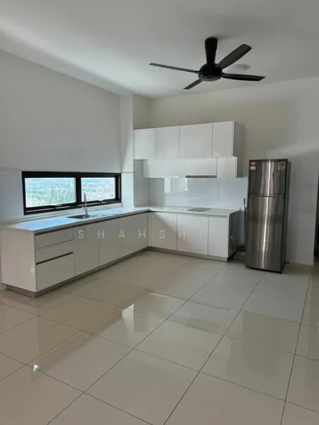 Kitchen features: white flat-panel cabinets, single-bowl stainless-steel sink, chrome pull-down faucet, white countertop, stainless-steel fridge, ceramic tile flooring, ceiling fan, large window with city view; style: modern; view: city.