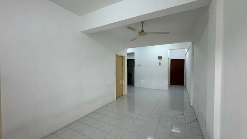 Room features: white painted walls, glossy ceramic tile flooring, ceiling fan, doorway leading to another room, light switch on the wall, power outlet on the wall; style: minimalist.