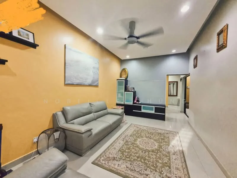 Living features: grey leather 3-seater sofa, area rug with intricate pattern, wall-mounted shelves, painted walls in orange and grey, recessed downlights, ceiling fan, glass display cabinet, decorative wall frames, white tiled flooring; style: modern.