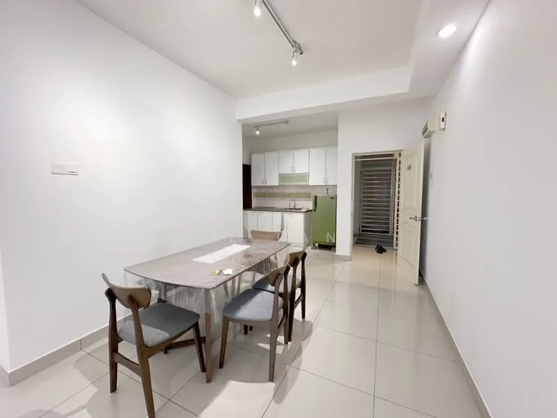 Dining features: white painted walls, tile flooring, dining table with grey tablecloth, 4 wooden dining chairs with grey upholstery, recessed downlights, open layout to kitchen, green cabinetry in kitchen area, kitchen countertop visible; style: modern.