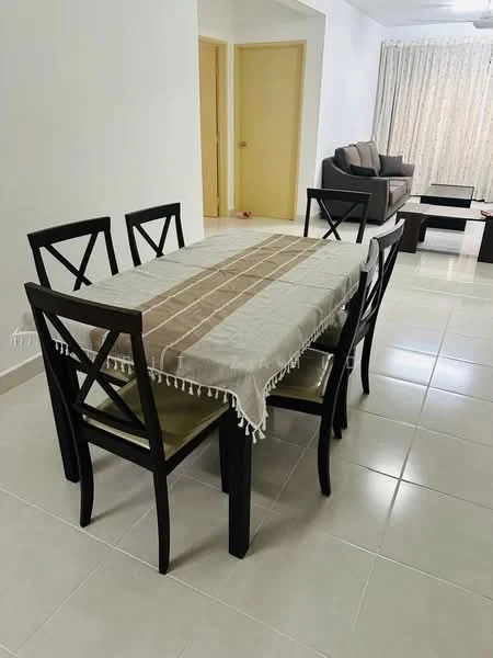 Dining features: 6-seater dining table, dark wood dining chairs, beige table runner, ceramic tile flooring, white painted walls, natural light from window, curtains, light-colored ceiling, sofa in background, coffee table in background; style: modern.