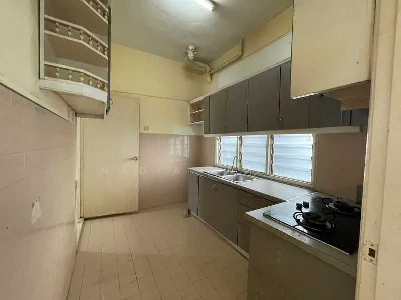 Kitchen features: grey cabinetry, white tiled walls, light-colored tiled flooring, double-bowl stainless-steel sink, chrome faucet, 4-burner gas hob, window with louvered panes, open shelving above countertop, door leading to another room.
