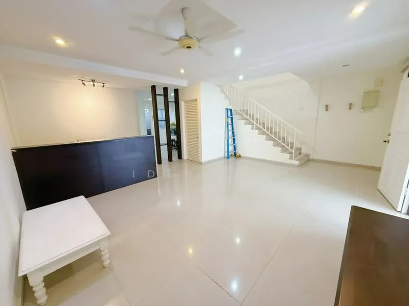 Living features: white painted walls, cream tiled flooring, 5-blade ceiling fan with light, recessed downlights, staircase with white railing, open layout, large windows for natural light, entryway with bench; style: modern.