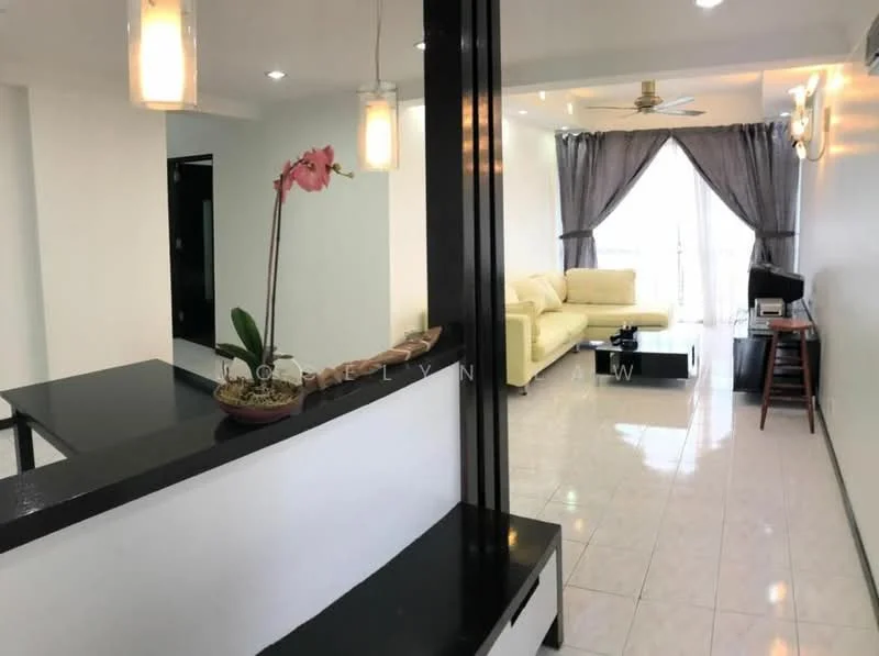 Living features: cream leather sofa, black coffee table, ceiling fan, recessed downlights, floor-to-ceiling windows, sheer curtains, white painted walls, glossy tile flooring, decorative plant on counter; style: modern; view: city. Room features: black countertop, white cabinetry, open layout.