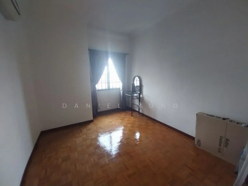 Room features: wooden flooring, white painted walls, floor-to-ceiling window, curtains, mirror on stand, chair, box in corner, air conditioning unit.