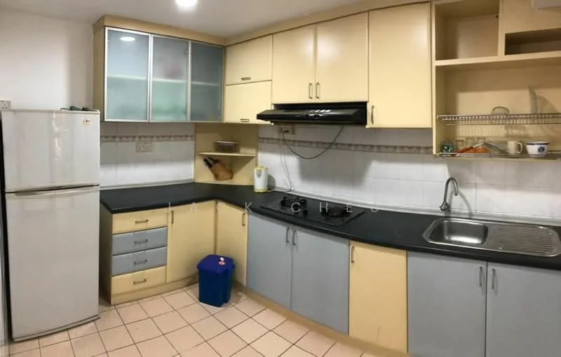 Kitchen features: L-shaped kitchen layout, light yellow cabinetry, grey lower cabinets, black countertop, stainless-steel sink, chrome pull-down faucet, built-in gas hob, exhaust hood, white tiled backsplash, ceramic tile flooring, freestanding refrigerator, open shelving, wall-mounted storage rack; style: modern.