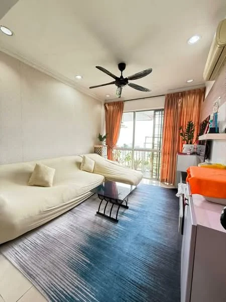 Living features: 3-seater fabric sofa in cream, coffee table, area rug with geometric pattern, floor-to-ceiling windows, sheer curtains, ceiling fan with light, wall-mounted air conditioning unit, decorative plants, light-colored walls, recessed downlights; style: modern; view: garden.