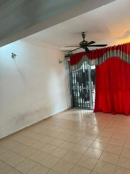 Living features: white painted walls, cream tiled flooring, 5-blade ceiling fan, red curtains, sliding glass door, floor-to-ceiling windows, wall-mounted light fixtures.