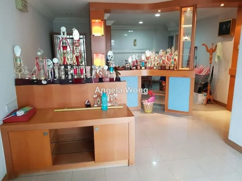 Room features: light-coloured walls, glossy tile flooring, wooden display cabinet, trophies and awards on display, built-in shelving, recessed lighting, open layout, decorative items, seating area, storage boxes; style: modern.